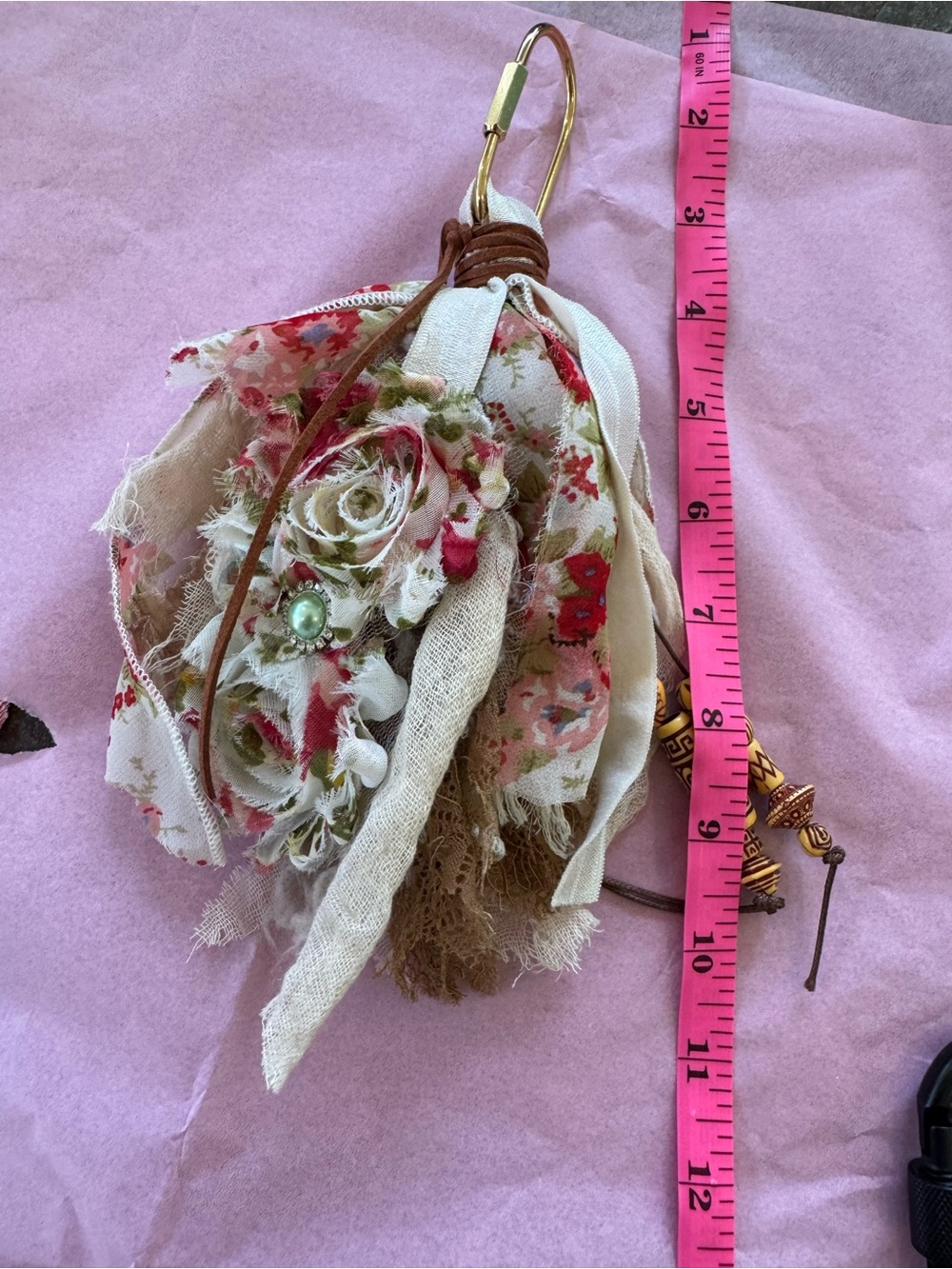Handmade Floral Fabric Tassel Keychain/Purse Charm with Pearl Accent
